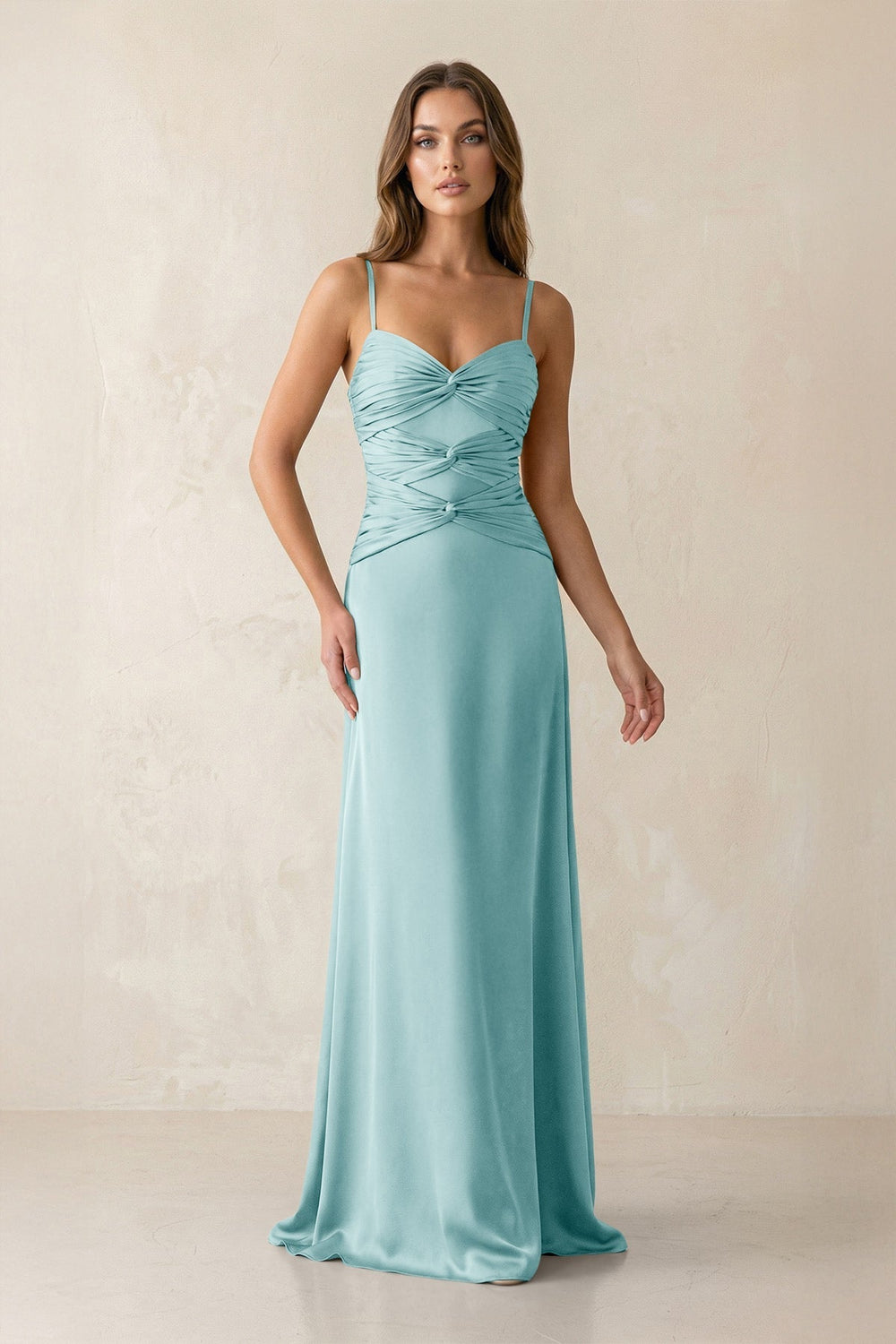 Cami Strap Pleated Sheath Satin Bridesmaid Dress in Bleached Aqua - KissProm Bridesmaid Dresses