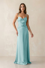 Cami Strap Pleated Sheath Satin Bridesmaid Dress in Bleached Aqua - KissProm Bridesmaid Dresses