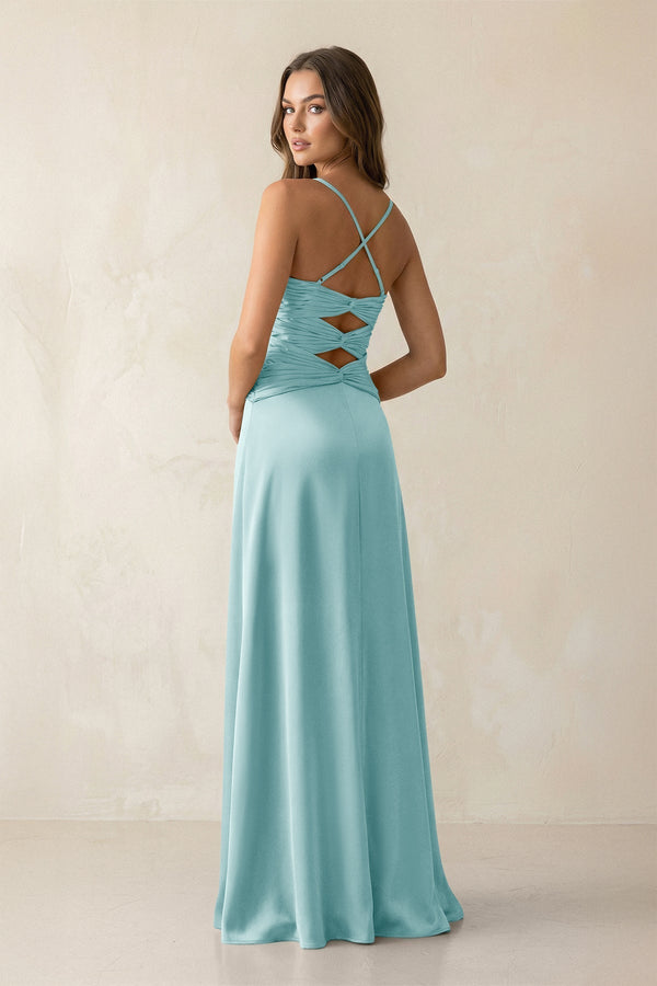 Cami Strap Pleated Sheath Satin Bridesmaid Dress in Bleached Aqua - KissProm Bridesmaid Dresses