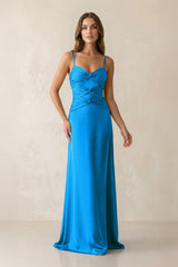 Cami Strap Pleated Sheath Satin Bridesmaid Dress in Blue Jay - KissProm Bridesmaid Dresses