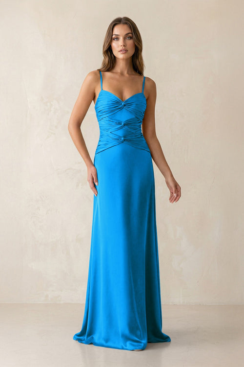 Cami Strap Pleated Sheath Satin Bridesmaid Dress in Blue Jay - KissProm Bridesmaid Dresses