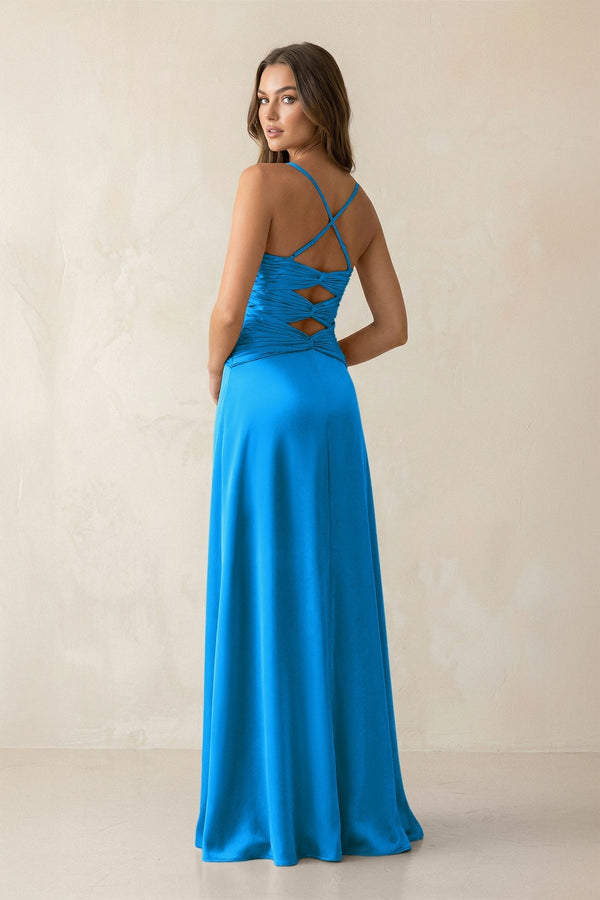 Cami Strap Pleated Sheath Satin Bridesmaid Dress in Blue Jay - KissProm Bridesmaid Dresses