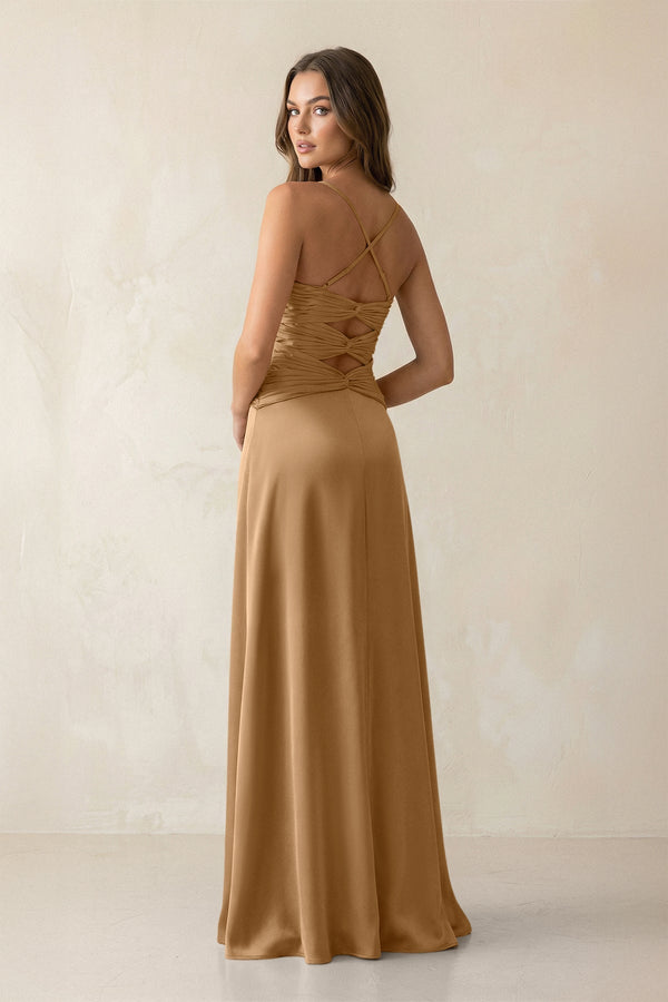 Cami Strap Pleated Sheath Satin Bridesmaid Dress in Bronzer - KissProm Bridesmaid Dresses