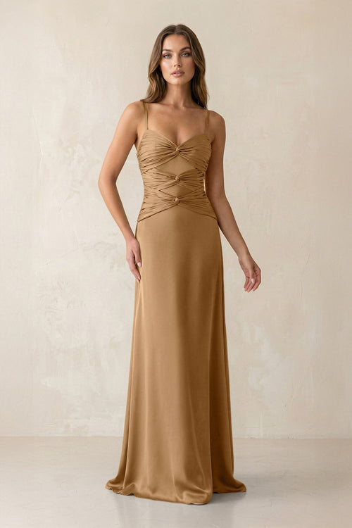 Cami Strap Pleated Sheath Satin Bridesmaid Dress in Bronzer - KissProm Bridesmaid Dresses