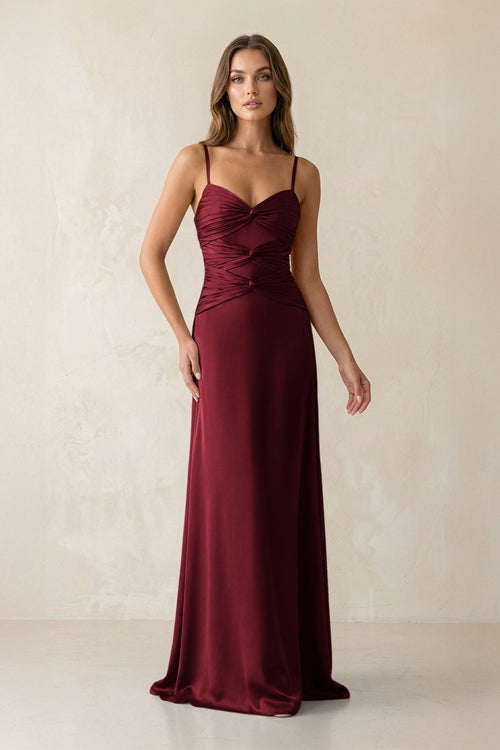 Cami Strap Pleated Sheath Satin Bridesmaid Dress in Burgundy - KissProm Bridesmaid Dresses
