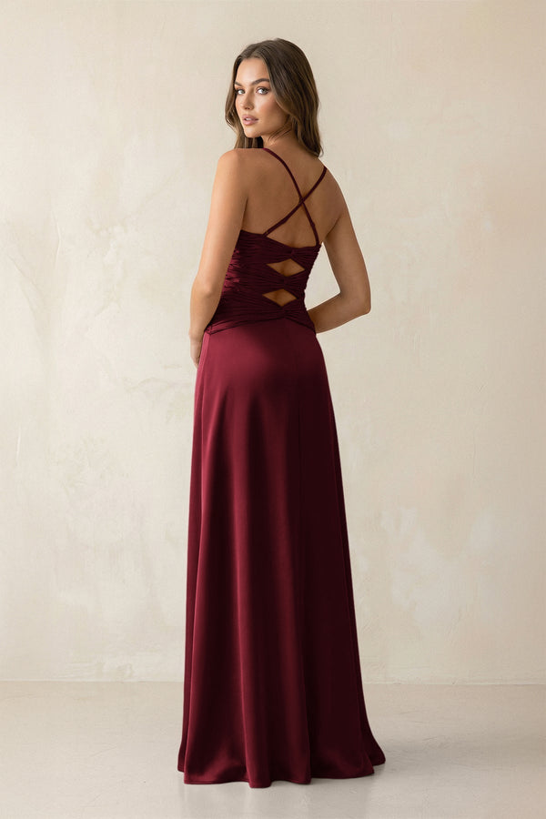 Cami Strap Pleated Sheath Satin Bridesmaid Dress in Burgundy - KissProm Bridesmaid Dresses