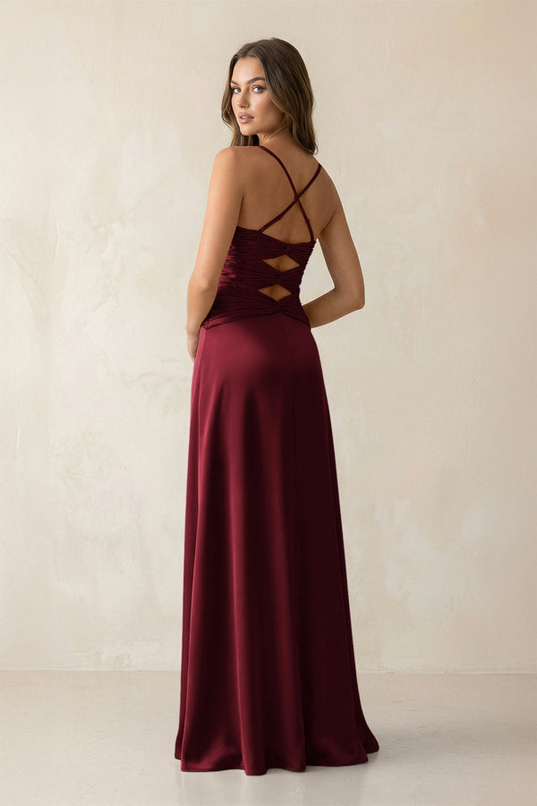 Cami Strap Pleated Sheath Satin Bridesmaid Dress in Burgundy - KissProm Bridesmaid Dresses