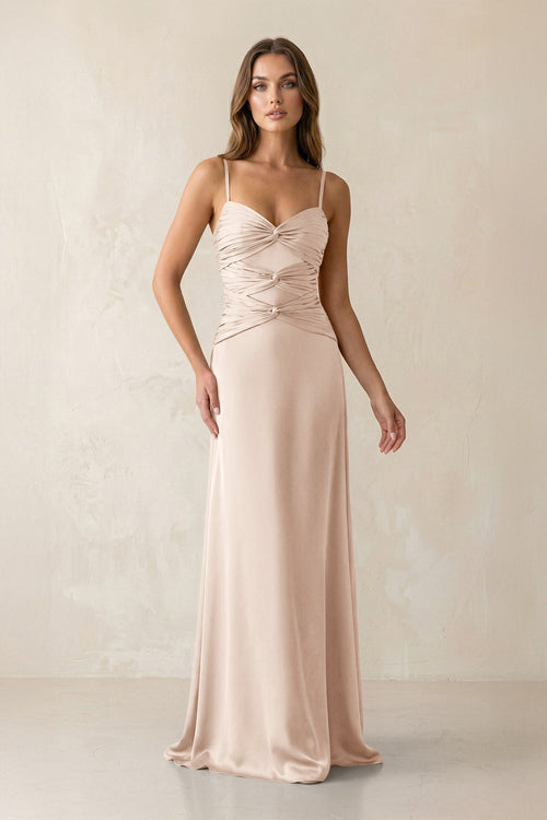 Cami Strap Pleated Sheath Satin Bridesmaid Dress in Buttercream - KissProm Bridesmaid Dresses