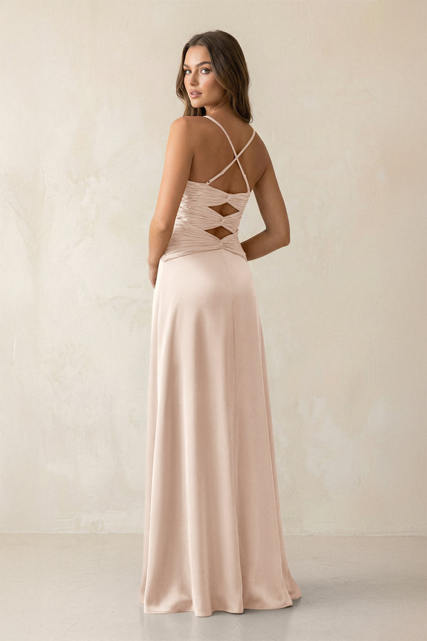 Cami Strap Pleated Sheath Satin Bridesmaid Dress in Buttercream - KissProm Bridesmaid Dresses