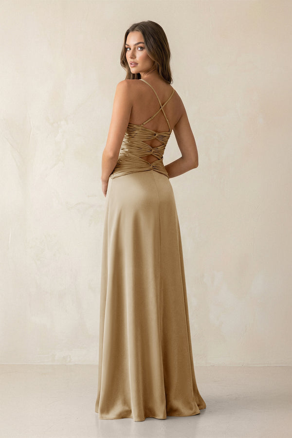 Cami Strap Pleated Sheath Satin Bridesmaid Dress in Champagne - KissProm Bridesmaid Dresses