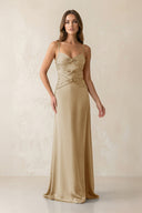 Cami Strap Pleated Sheath Satin Bridesmaid Dress in Champagne - KissProm Bridesmaid Dresses