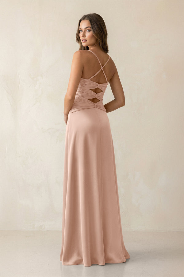 Cami Strap Pleated Sheath Satin Bridesmaid Dress in Champagne Rose - KissProm Bridesmaid Dresses