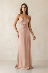 Cami Strap Pleated Sheath Satin Bridesmaid Dress in Champagne Rose - KissProm Bridesmaid Dresses