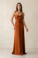 Cami Strap Pleated Sheath Satin Bridesmaid Dress in Cinnamon - KissProm Bridesmaid Dresses