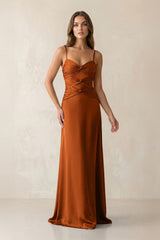 Cami Strap Pleated Sheath Satin Bridesmaid Dress in Cinnamon - KissProm Bridesmaid Dresses