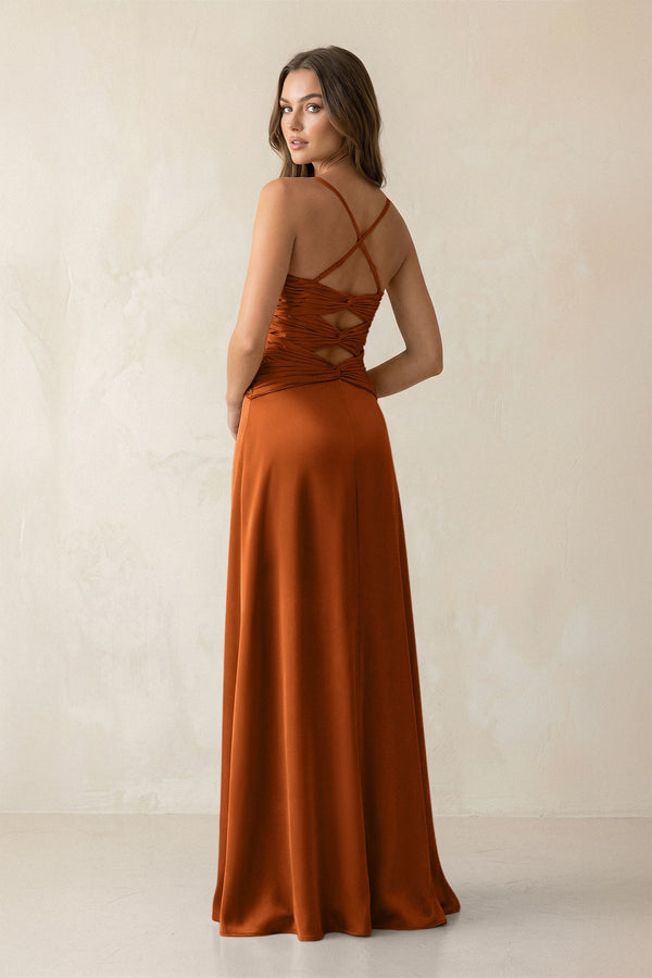 Cami Strap Pleated Sheath Satin Bridesmaid Dress in Cinnamon - KissProm Bridesmaid Dresses