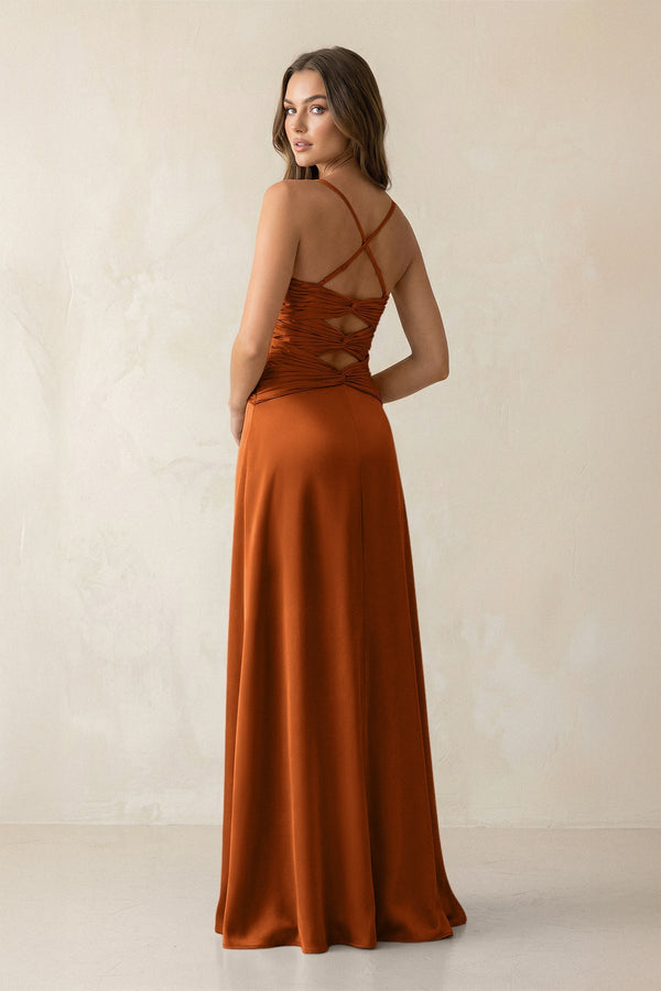 Cami Strap Pleated Sheath Satin Bridesmaid Dress in Cinnamon - KissProm Bridesmaid Dresses