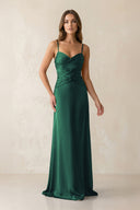 Cami Strap Pleated Sheath Satin Bridesmaid Dress in Dark Green - KissProm Bridesmaid Dresses