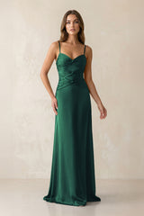 Cami Strap Pleated Sheath Satin Bridesmaid Dress in Dark Green - KissProm Bridesmaid Dresses