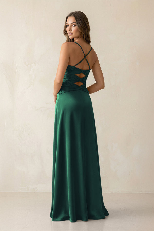 Cami Strap Pleated Sheath Satin Bridesmaid Dress in Dark Green - KissProm Bridesmaid Dresses