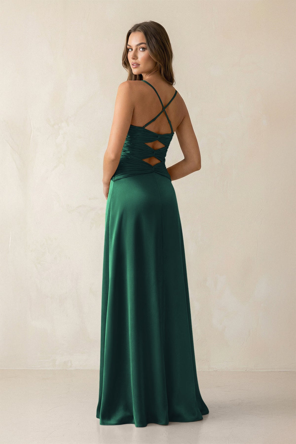 Cami Strap Pleated Sheath Satin Bridesmaid Dress in Dark Green - KissProm Bridesmaid Dresses