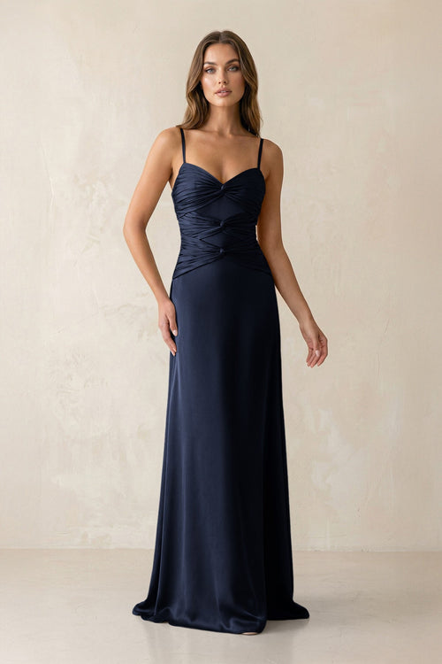 Cami Strap Pleated Sheath Satin Bridesmaid Dress in Dark Navy - KissProm Bridesmaid Dresses