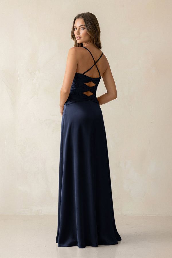 Cami Strap Pleated Sheath Satin Bridesmaid Dress in Dark Navy - KissProm Bridesmaid Dresses