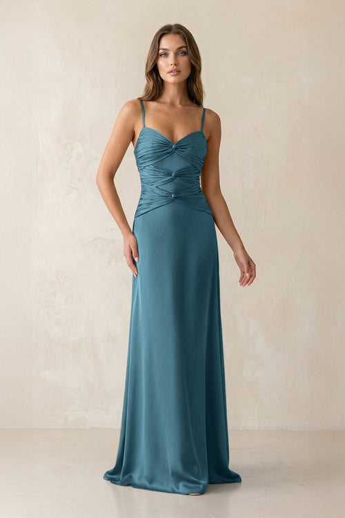 Cami Strap Pleated Sheath Satin Bridesmaid Dress in Dark Teal - KissProm Bridesmaid Dresses