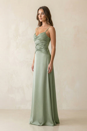 Cami Strap Pleated Sheath Satin Bridesmaid Dress in Dove Gray - KissProm Bridesmaid Dresses