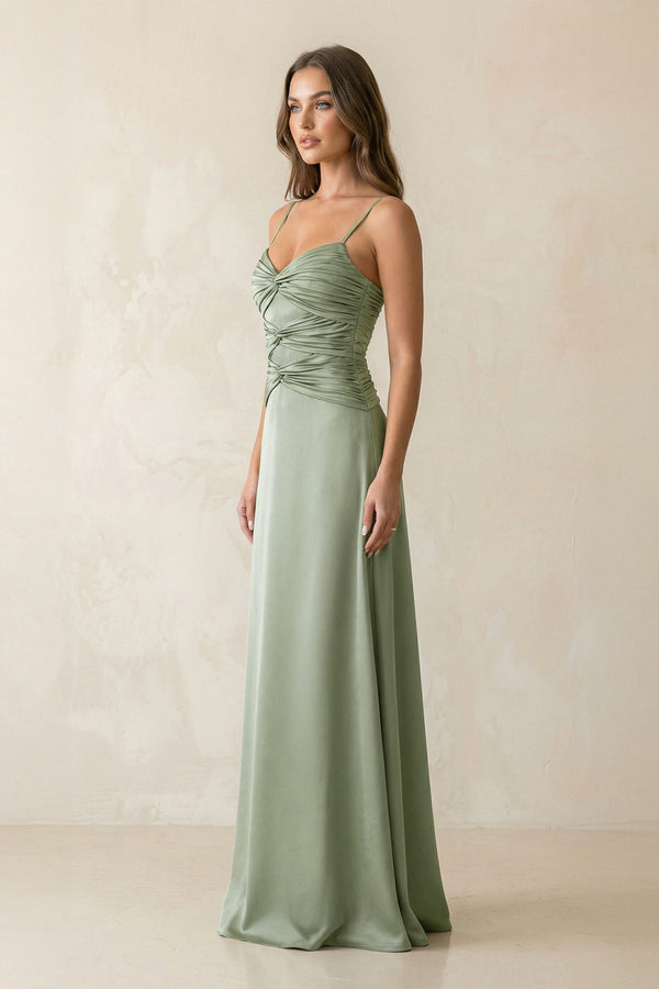 Cami Strap Pleated Sheath Satin Bridesmaid Dress in Dove Gray - KissProm Bridesmaid Dresses