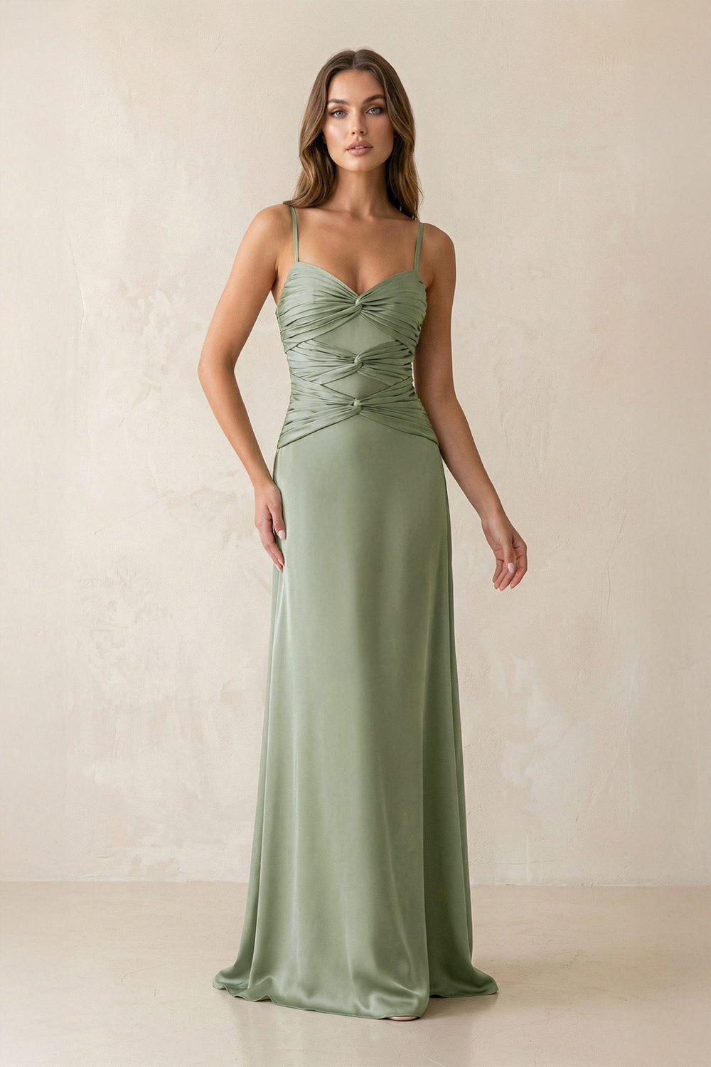 Cami Strap Pleated Sheath Satin Bridesmaid Dress in Dove Gray - KissProm Bridesmaid Dresses