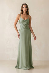 Cami Strap Pleated Sheath Satin Bridesmaid Dress in Dove Gray - KissProm Bridesmaid Dresses