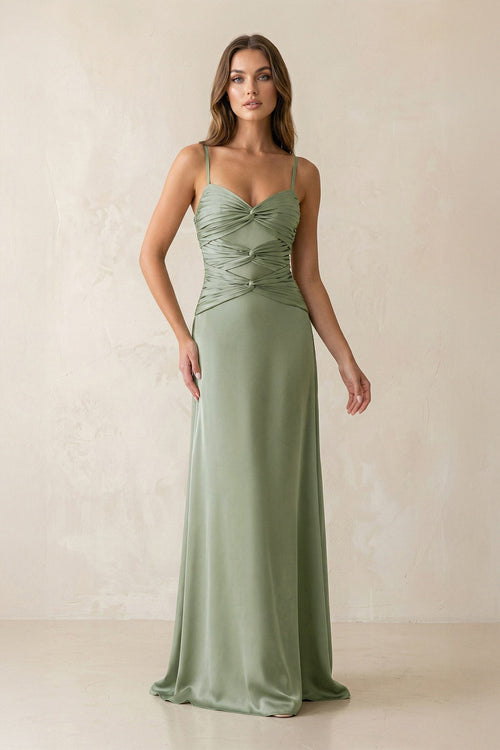 Cami Strap Pleated Sheath Satin Bridesmaid Dress in Dove Gray - KissProm Bridesmaid Dresses