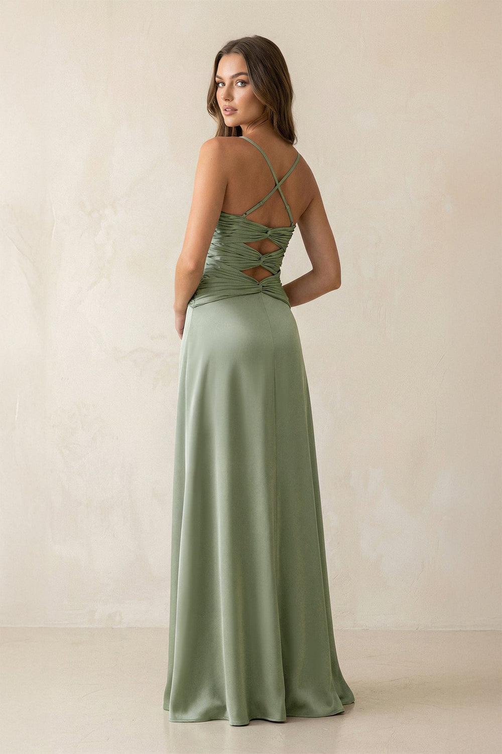 Cami Strap Pleated Sheath Satin Bridesmaid Dress in Dove Gray - KissProm Bridesmaid Dresses