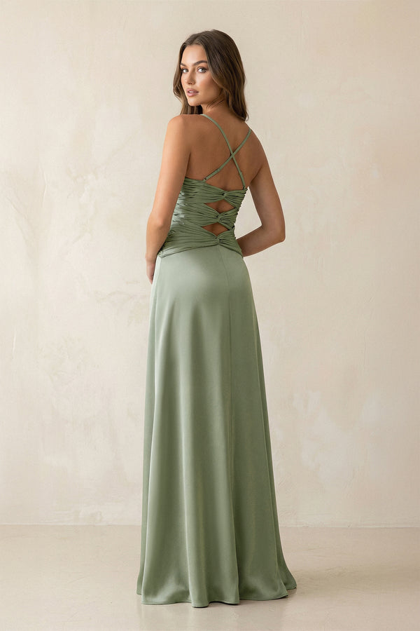 Cami Strap Pleated Sheath Satin Bridesmaid Dress in Dove Gray - KissProm Bridesmaid Dresses