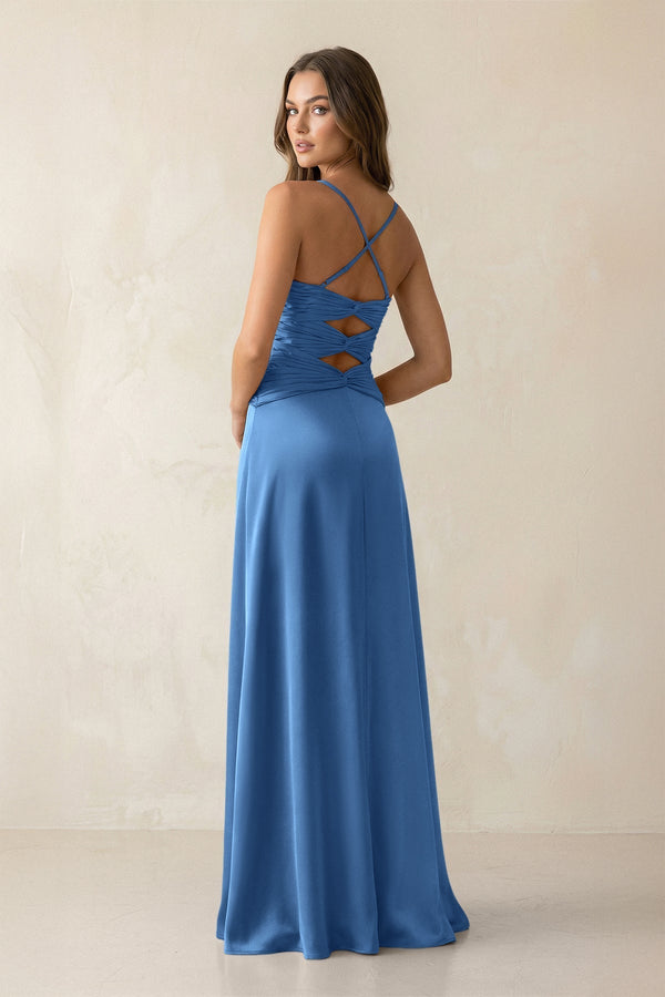 Cami Strap Pleated Sheath Satin Bridesmaid Dress in Dusty Blue - KissProm Bridesmaid Dresses