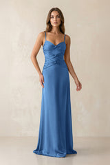 Cami Strap Pleated Sheath Satin Bridesmaid Dress in Dusty Blue - KissProm Bridesmaid Dresses
