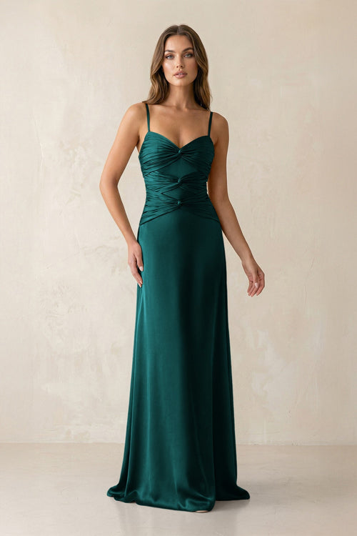 Cami Strap Pleated Sheath Satin Bridesmaid Dress in Emerald - KissProm Bridesmaid Dresses