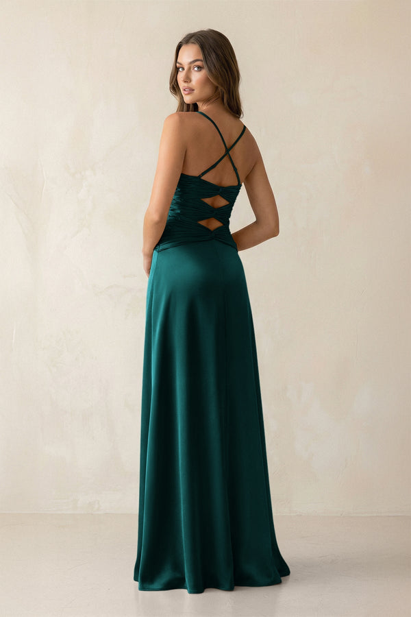 Cami Strap Pleated Sheath Satin Bridesmaid Dress in Emerald - KissProm Bridesmaid Dresses
