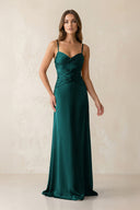 Cami Strap Pleated Sheath Satin Bridesmaid Dress in Emerald - KissProm Bridesmaid Dresses