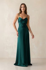Cami Strap Pleated Sheath Satin Bridesmaid Dress in Emerald - KissProm Bridesmaid Dresses