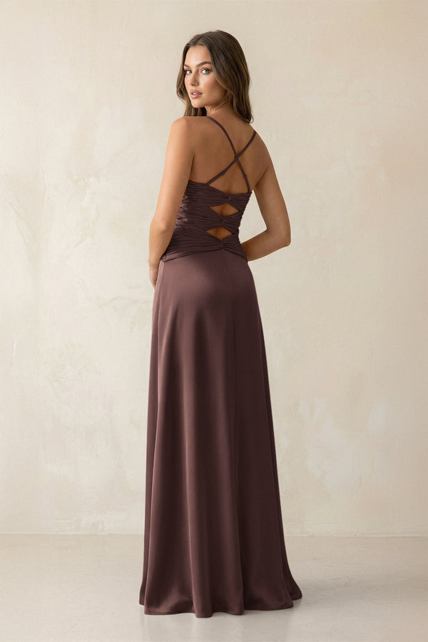 Cami Strap Pleated Sheath Satin Bridesmaid Dress in Espresso - KissProm Bridesmaid Dresses