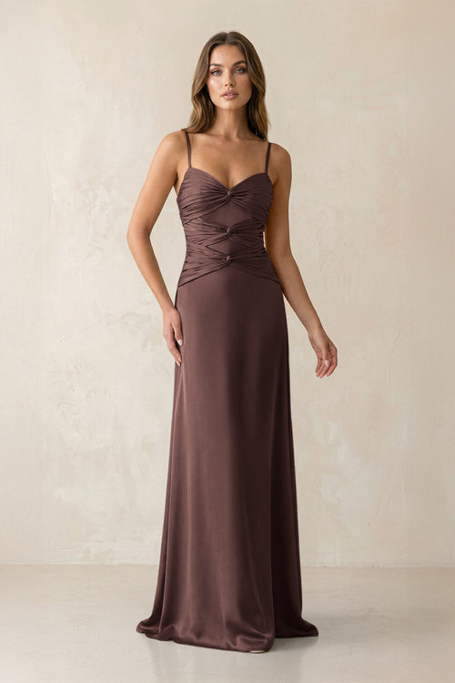 Cami Strap Pleated Sheath Satin Bridesmaid Dress in Espresso - KissProm Bridesmaid Dresses