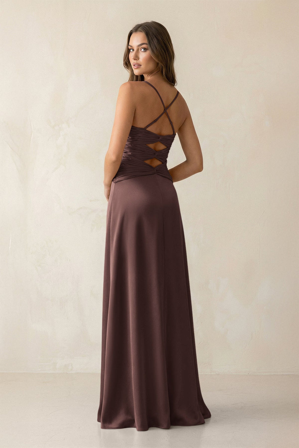 Cami Strap Pleated Sheath Satin Bridesmaid Dress in Espresso - KissProm Bridesmaid Dresses