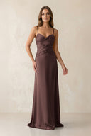 Cami Strap Pleated Sheath Satin Bridesmaid Dress in Espresso - KissProm Bridesmaid Dresses