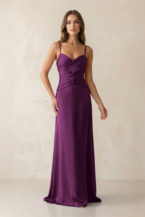 Cami Strap Pleated Sheath Satin Bridesmaid Dress in Fig - KissProm Bridesmaid Dresses