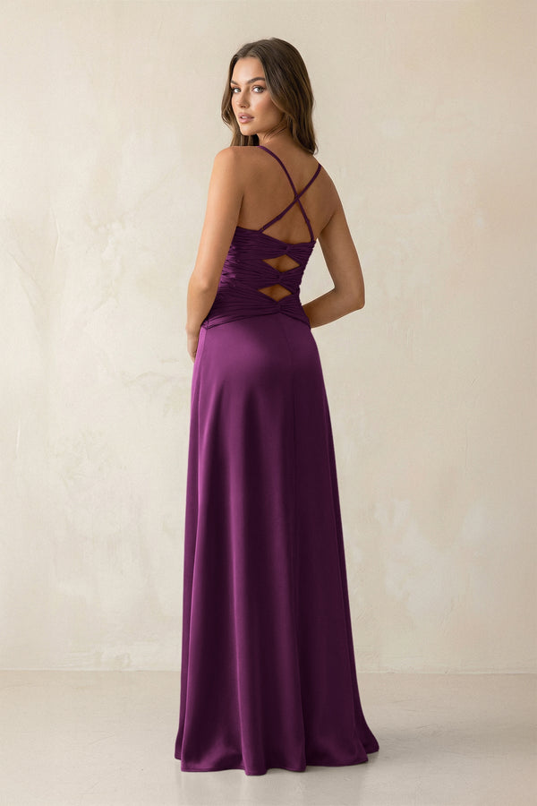 Cami Strap Pleated Sheath Satin Bridesmaid Dress in Fig - KissProm Bridesmaid Dresses