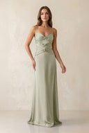 Cami Strap Pleated Sheath Satin Bridesmaid Dress in Frost - KissProm Bridesmaid Dresses