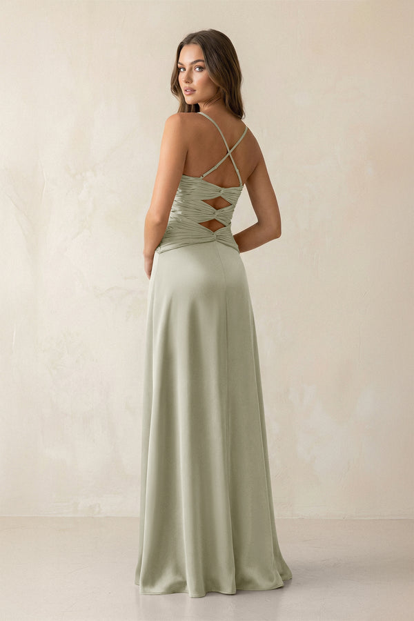 Cami Strap Pleated Sheath Satin Bridesmaid Dress in Frost - KissProm Bridesmaid Dresses
