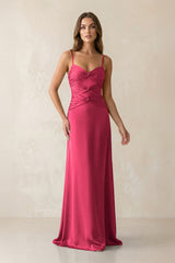 Cami Strap Pleated Sheath Satin Bridesmaid Dress in Fuchsia - KissProm Bridesmaid Dresses